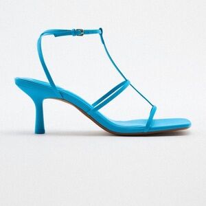 Zara Leather Blue Strappy Mid-Heel Sandal